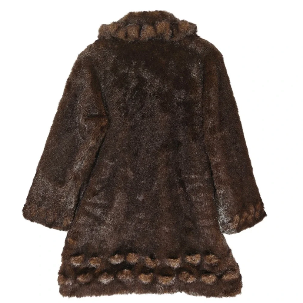 Mangnia Womens Brown Faux Fur Coat Scalloped Hem Portrait Collar Mid Length L
